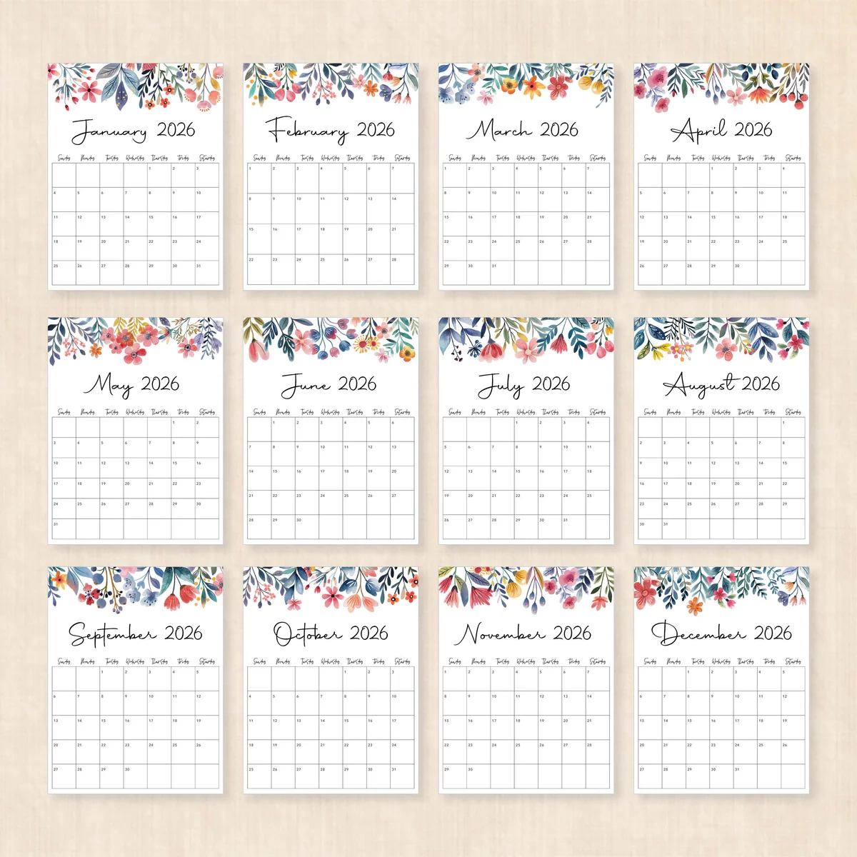 Printable 2026 Calendar Floral Fantasy