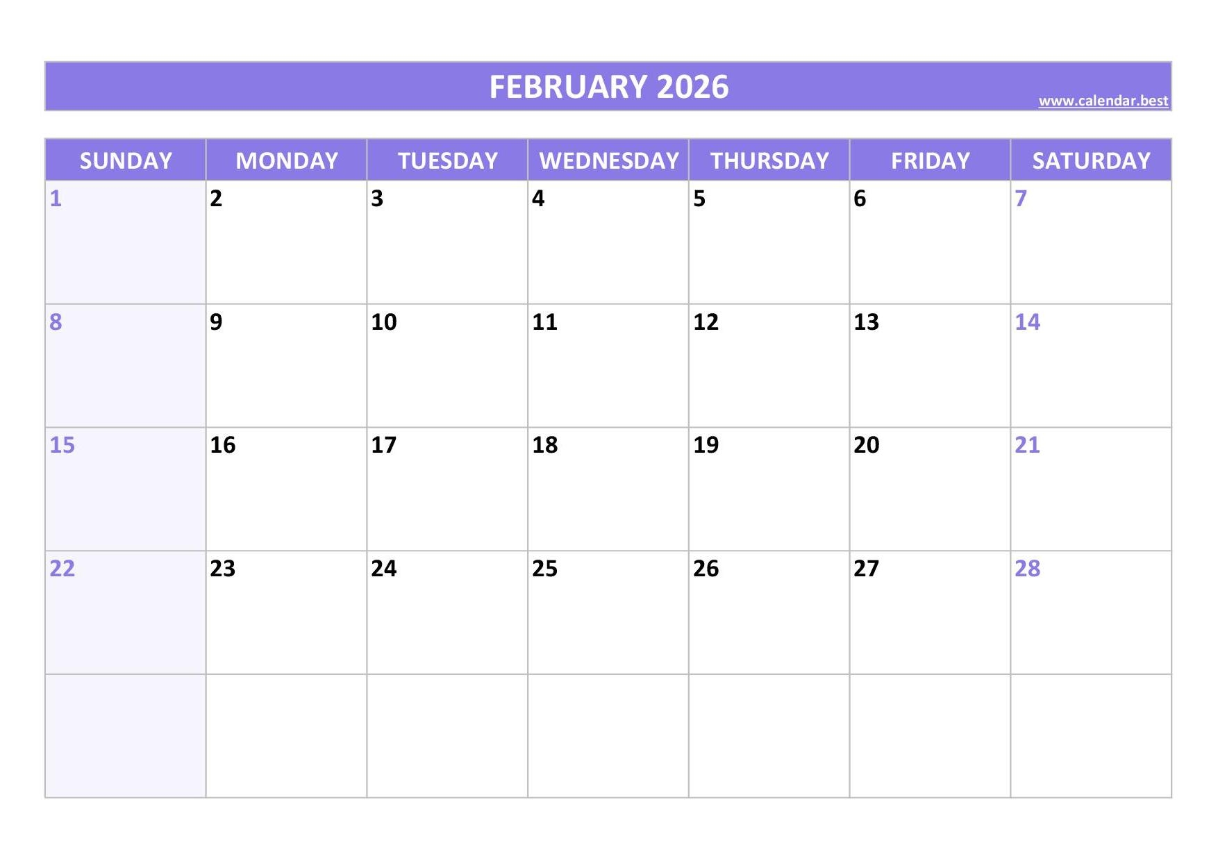 Printable 2026 Monthly Calendar Calendar best