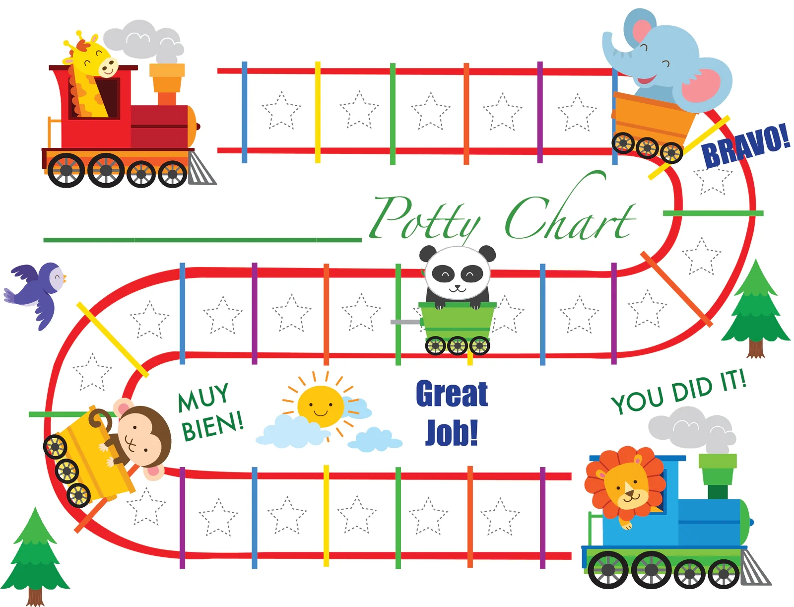 Printable Animal Train English Potty Training Reward Chart 