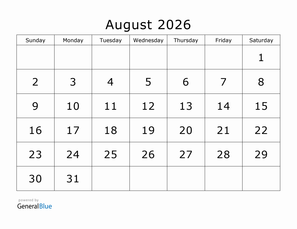 August 2026 Calendar Printable Pdf