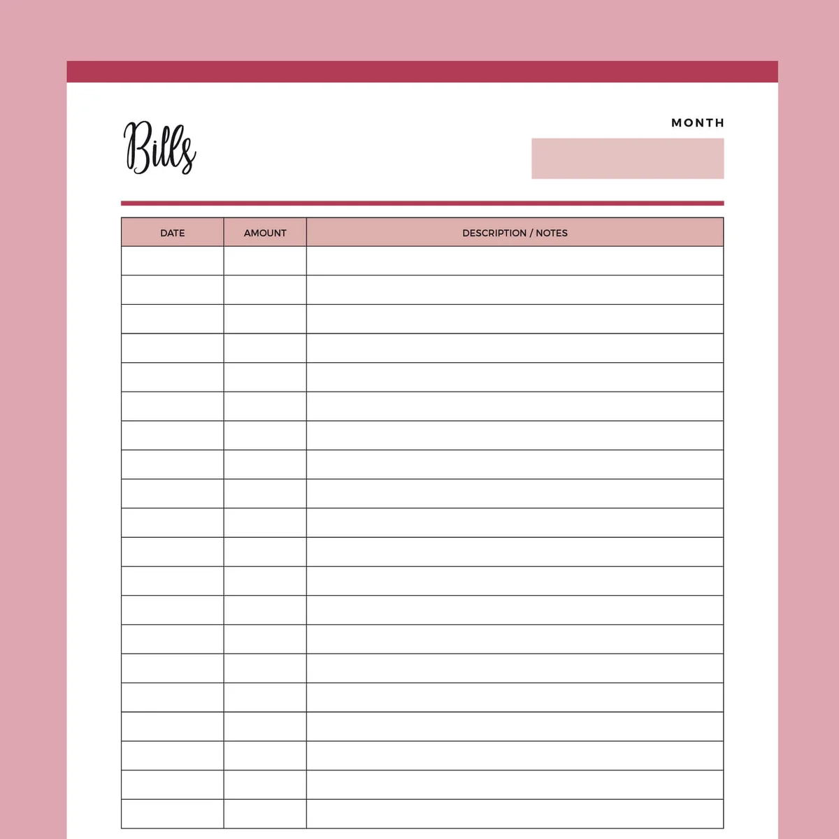 Printable Bill Payment Record Instant Download PDF US Letter A4 Plan Print Land
