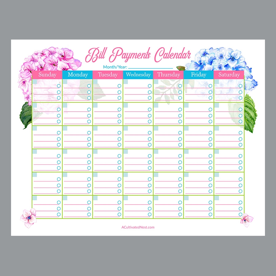 Printable Bill Pay Calendar