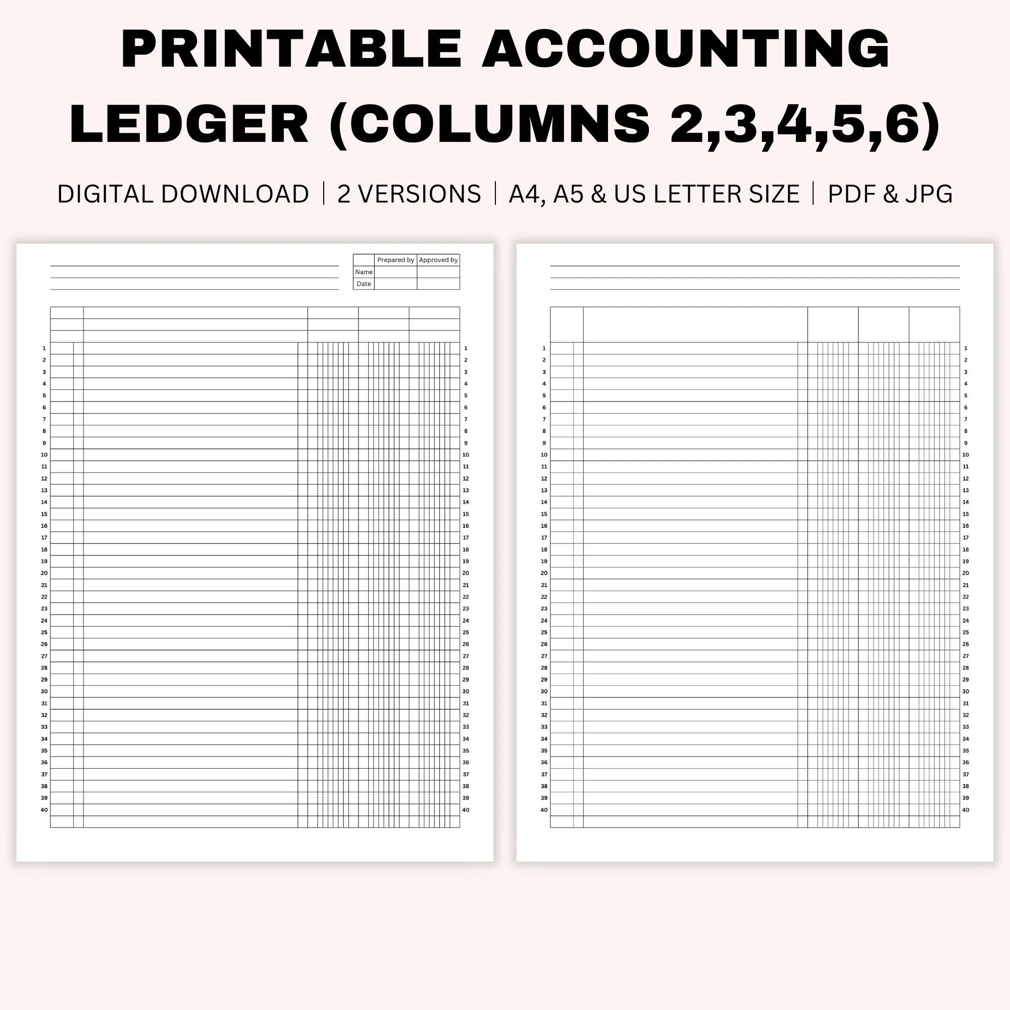 Printable Blank Accounting Ledger Log For Credits And Debits Bookkeeping Small Business 2 6 Columns Ledger A4 A5 US Letter Size Etsy UK