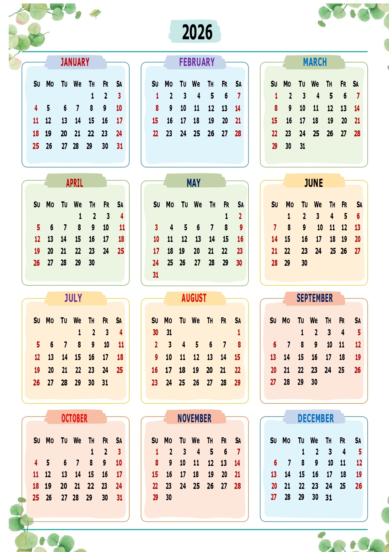 Year Calendar 2026 Printable