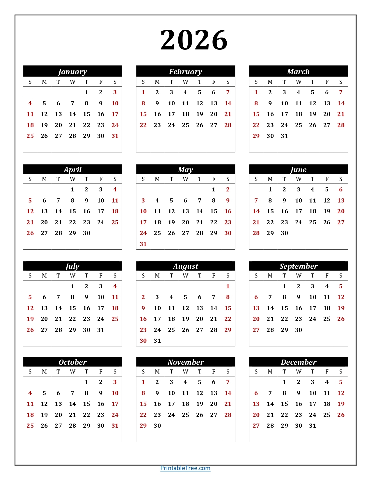 Printable Calendar 2026 One Page With Holidays Single Page 2026 Yearly Blank PDF Templates