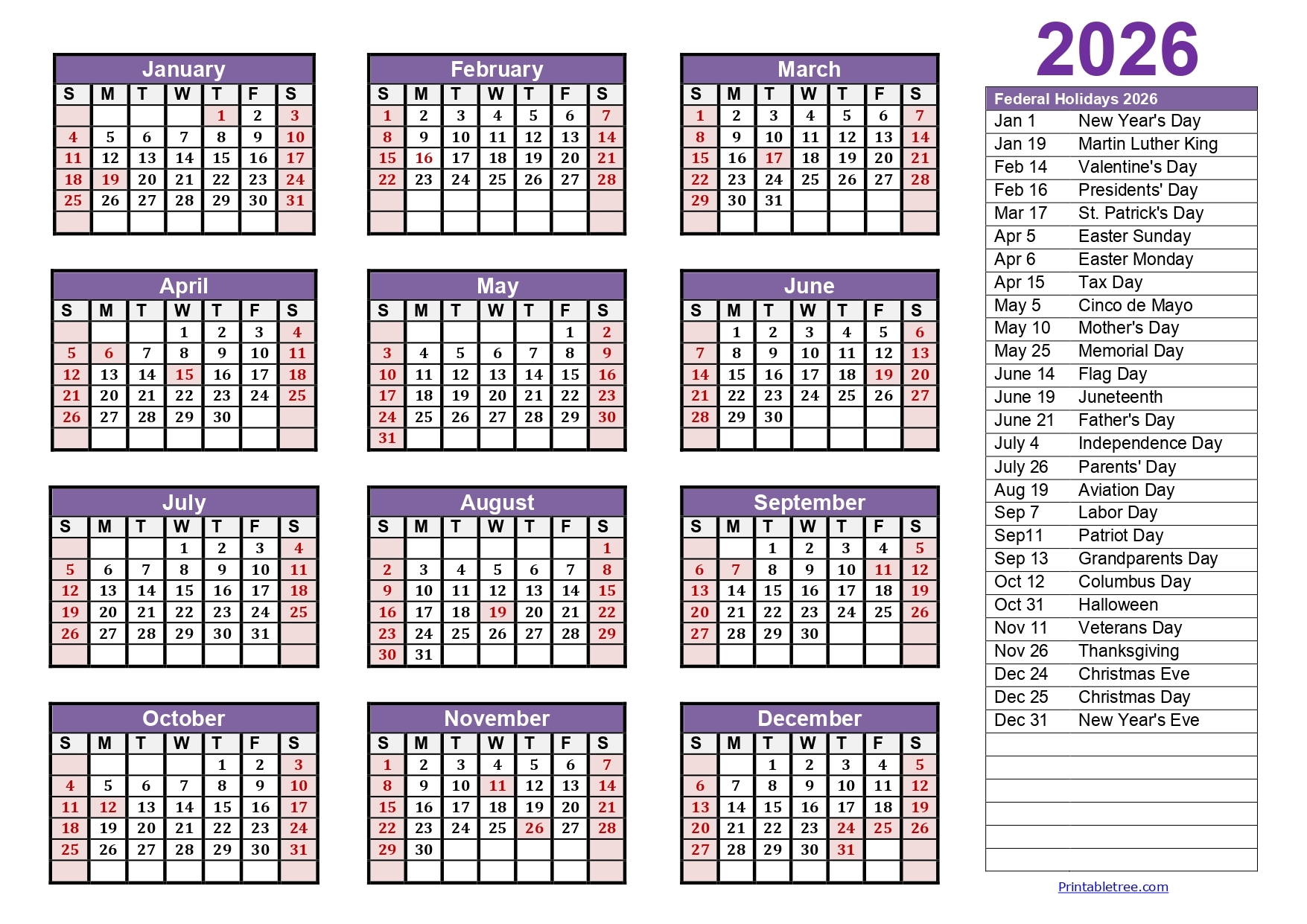 Printable Calendar 2026 One Page