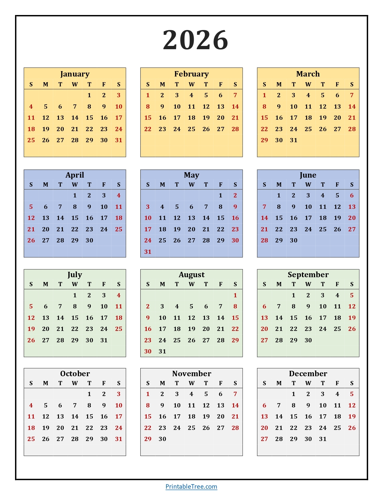Printable Calendar 2026 One Page With Holidays Single Page 2026 Yearly Blank PDF Templates