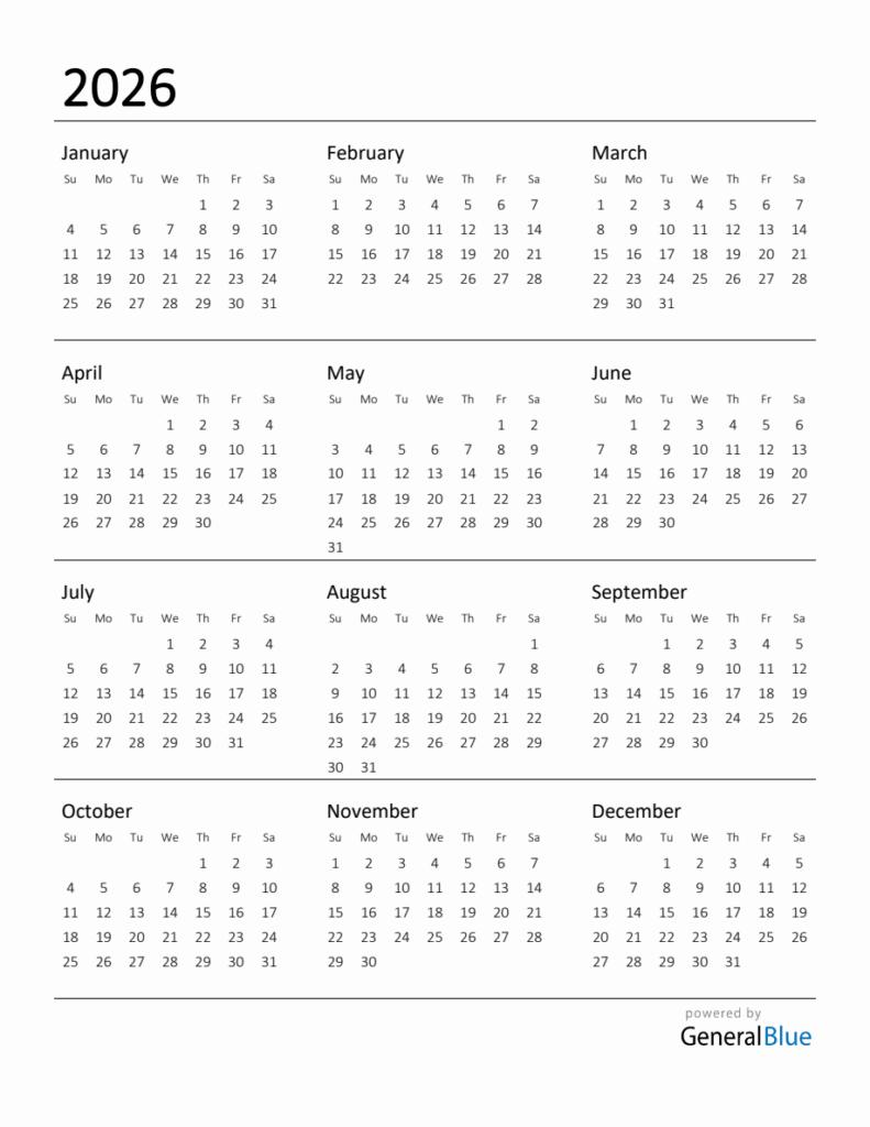 Monthly Calendar Printable 2026 Pdf - Free Printable Template