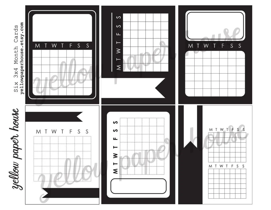 PRINTABLE DOWNLOAD MONTH CALENDAR CARDS BLACK WHITE Yellow Paper House