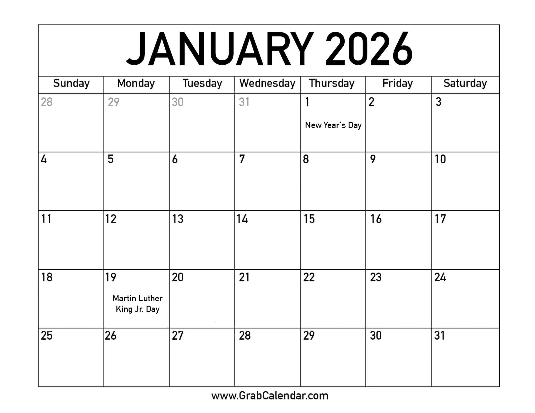 January Blank Calendar Printable