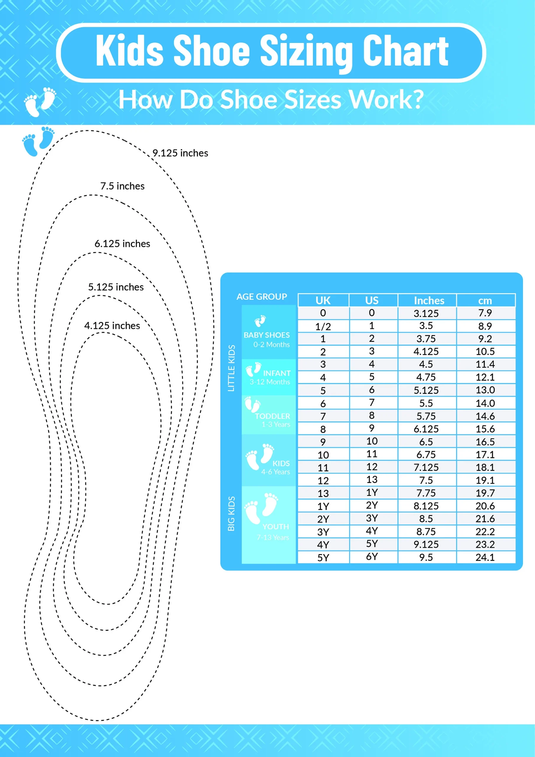 Printable Kids Shoe Sizing Chart Accurate Sizing For Happy Little Feet Etsy UK