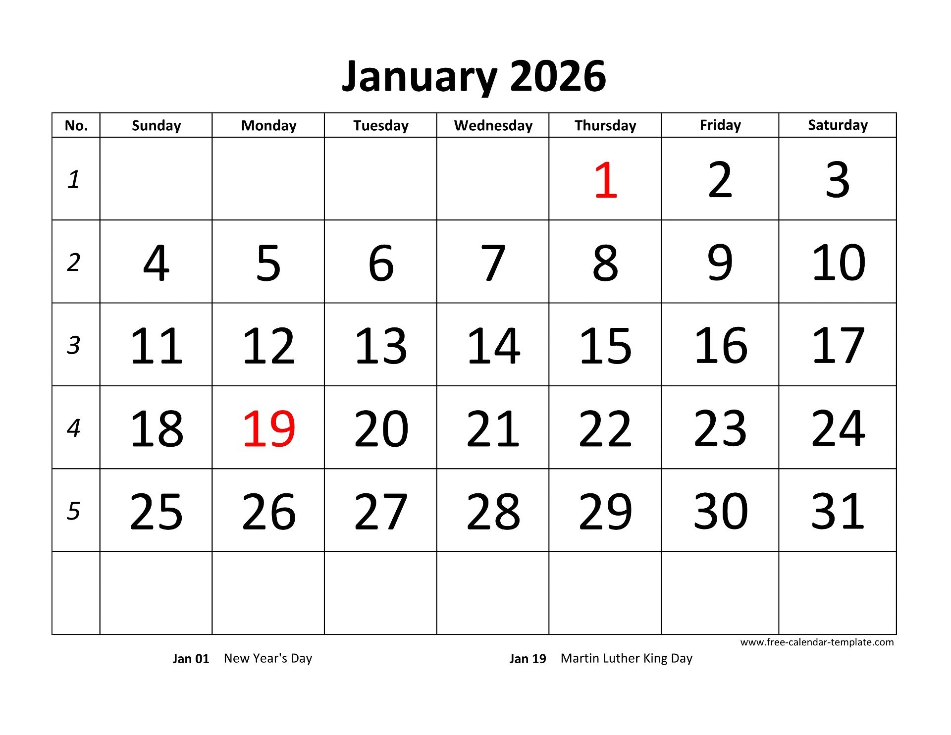 Printable Monthly Calendar 2026 Free calendar template