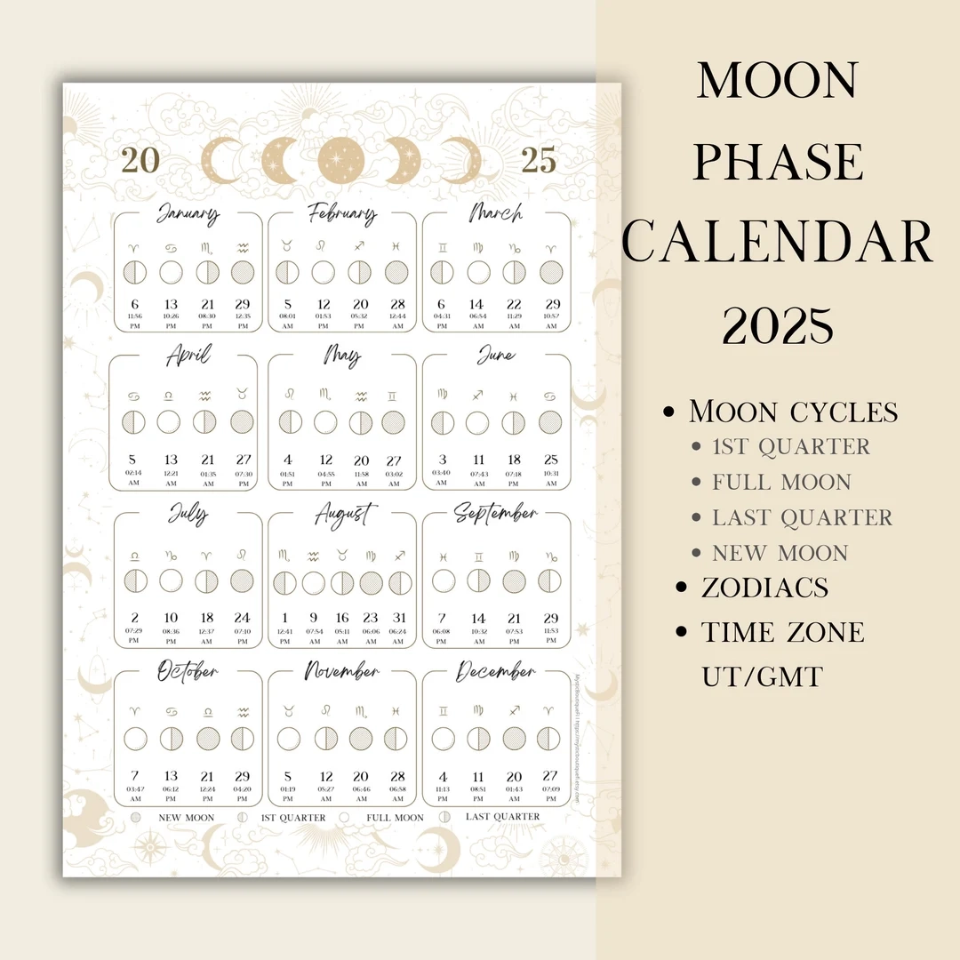 Printable PDF Lunar Calendar Moon Phase Calendar 2025 Etsy Canada