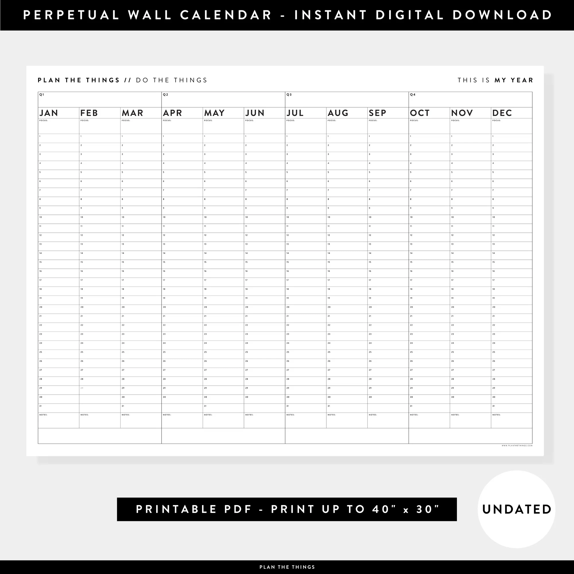 PRINTABLE PERPETUAL WALL CALENDARS INSTANT DOWNLOAD Plan The Things