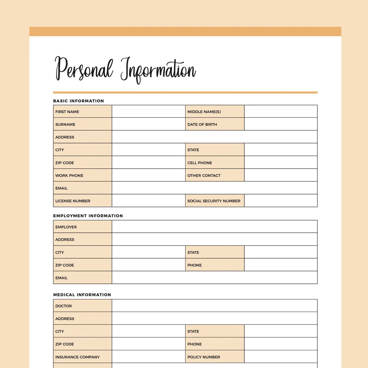 Printable Personal Information Template Instant Download PDF Plan Print Land