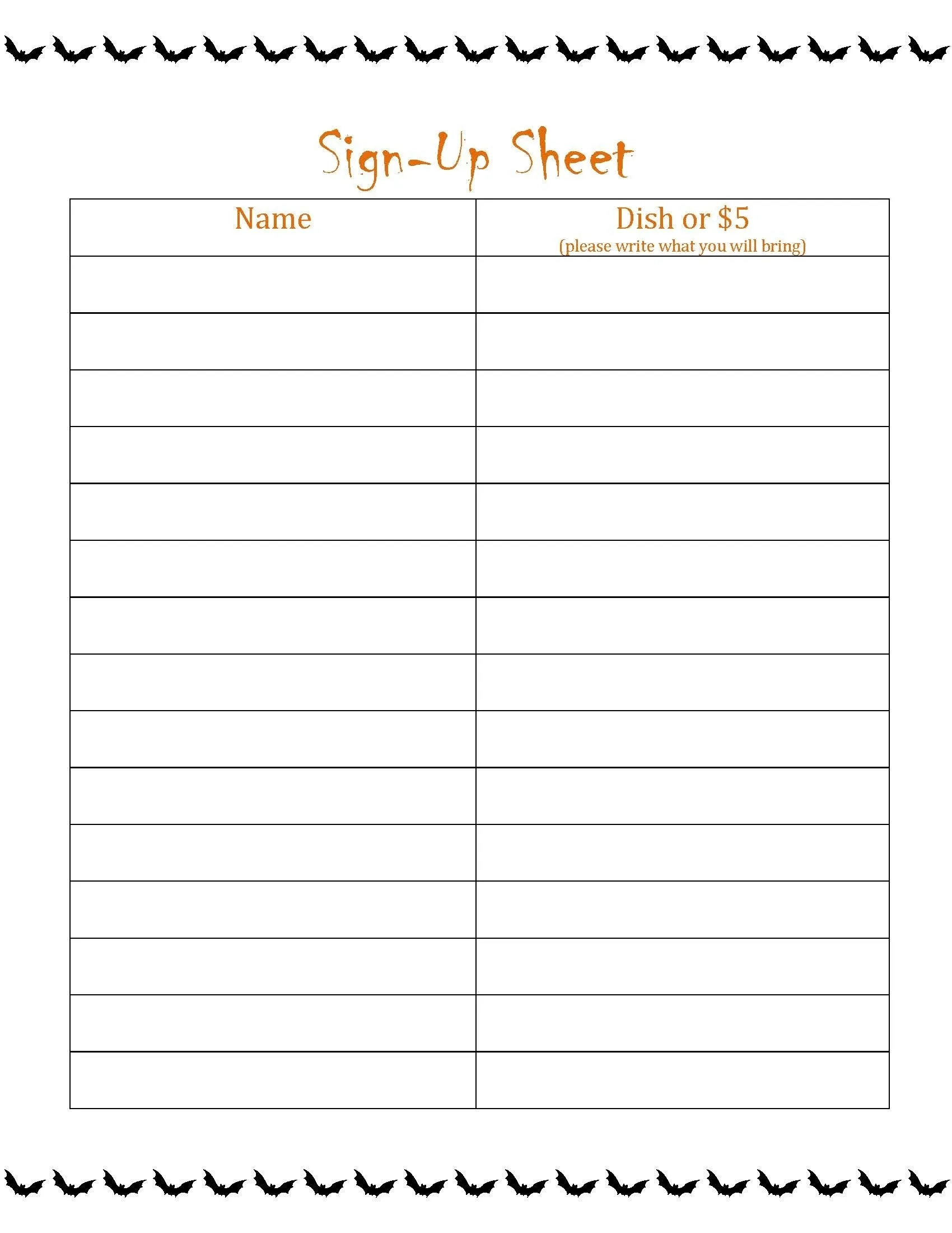 Printable Potluck Sign Up Sheet Printable Party Favors