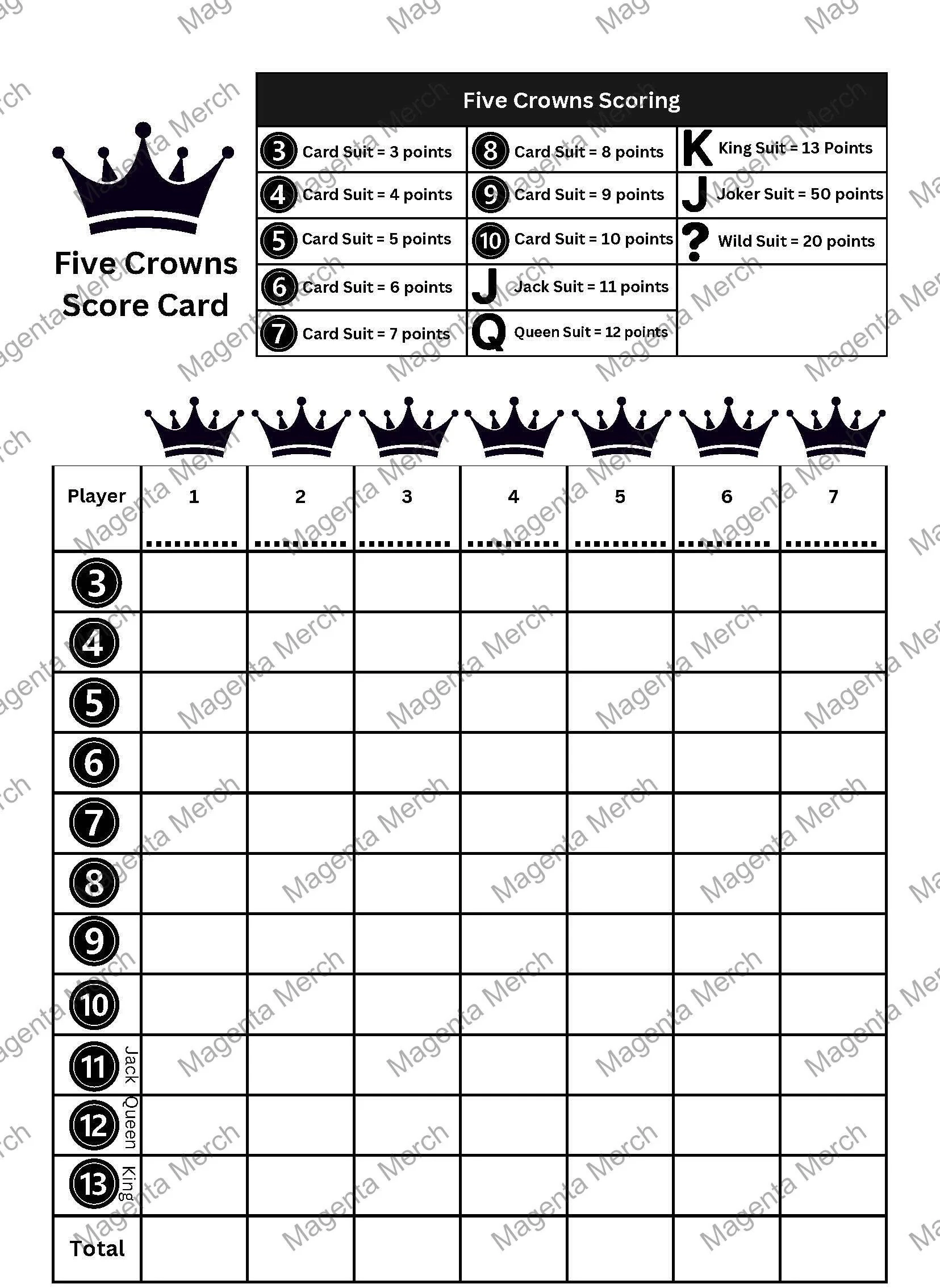 Printable Replacement Score Card Compatible With Five Crowns A0 A1 A2 A3 A4 And US Letter Pdfs Etsy