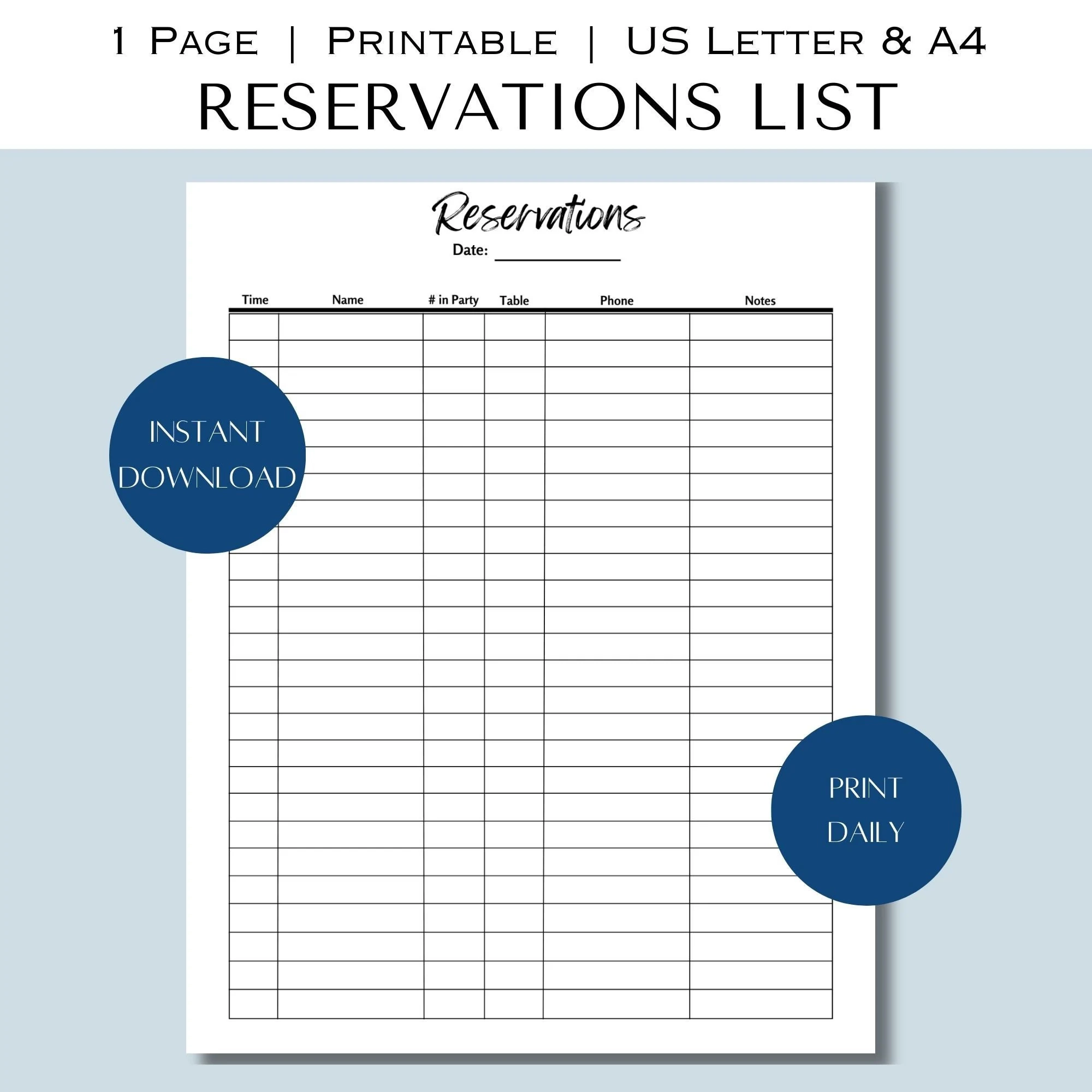 Printable Reservation Sheets