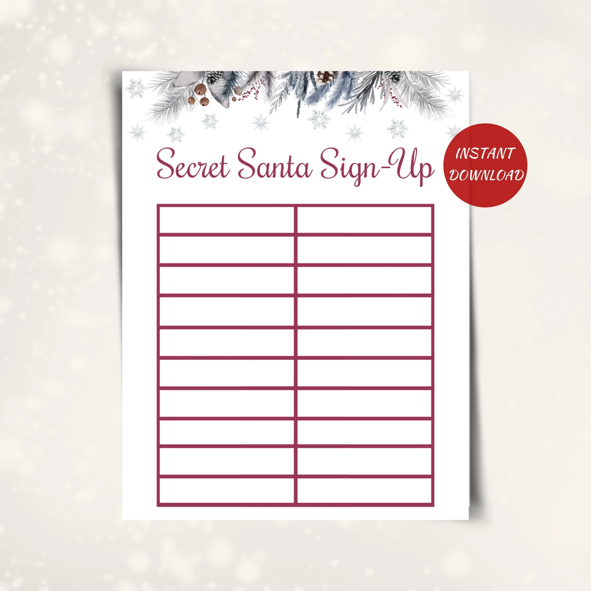 Secret Santa Printable Sign Up Sheet