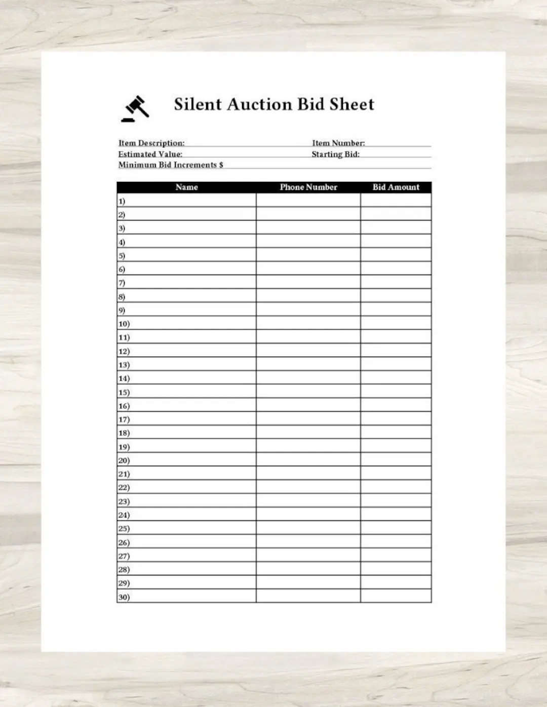 Printable Silent Auction Bid Sheet great For Charity school Fundraisers Etsy Printable Silent Auction Bid Sheet great For Charity school Fundraisers Etsy