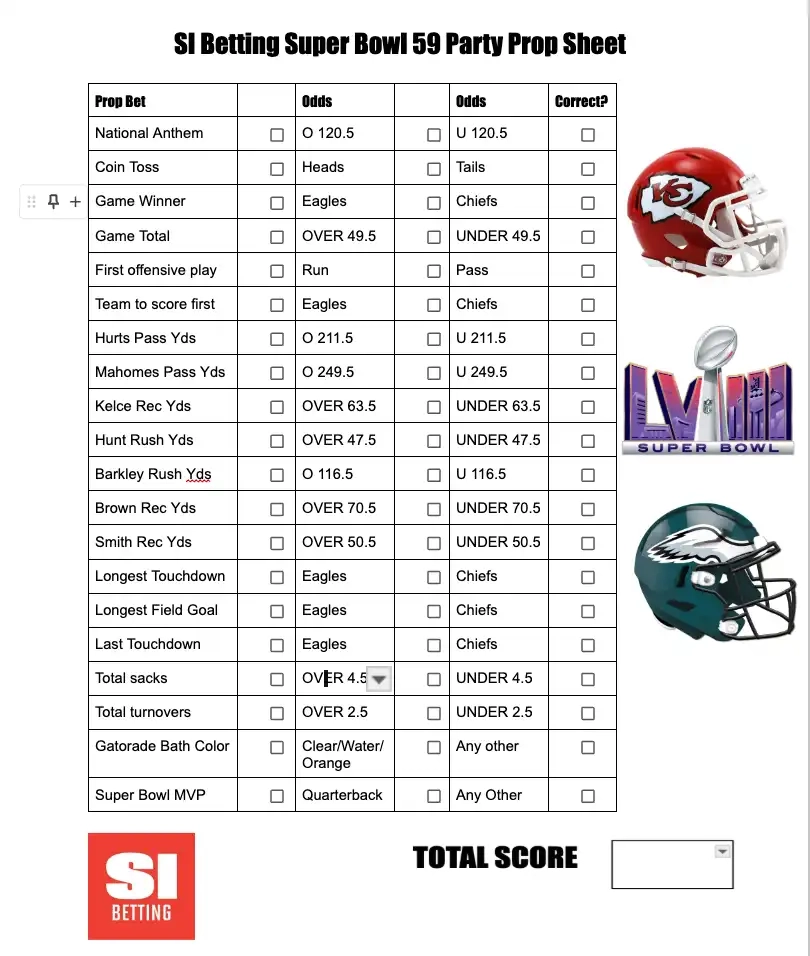 Printable Super Bowl 2025 Party Prop Bets Sheet For Chiefs Vs Eagles In Super Bowl 59 Printable Super Bowl 2025 Party Prop Bets Sheet For Chiefs Vs Eagles In Super Bowl 59