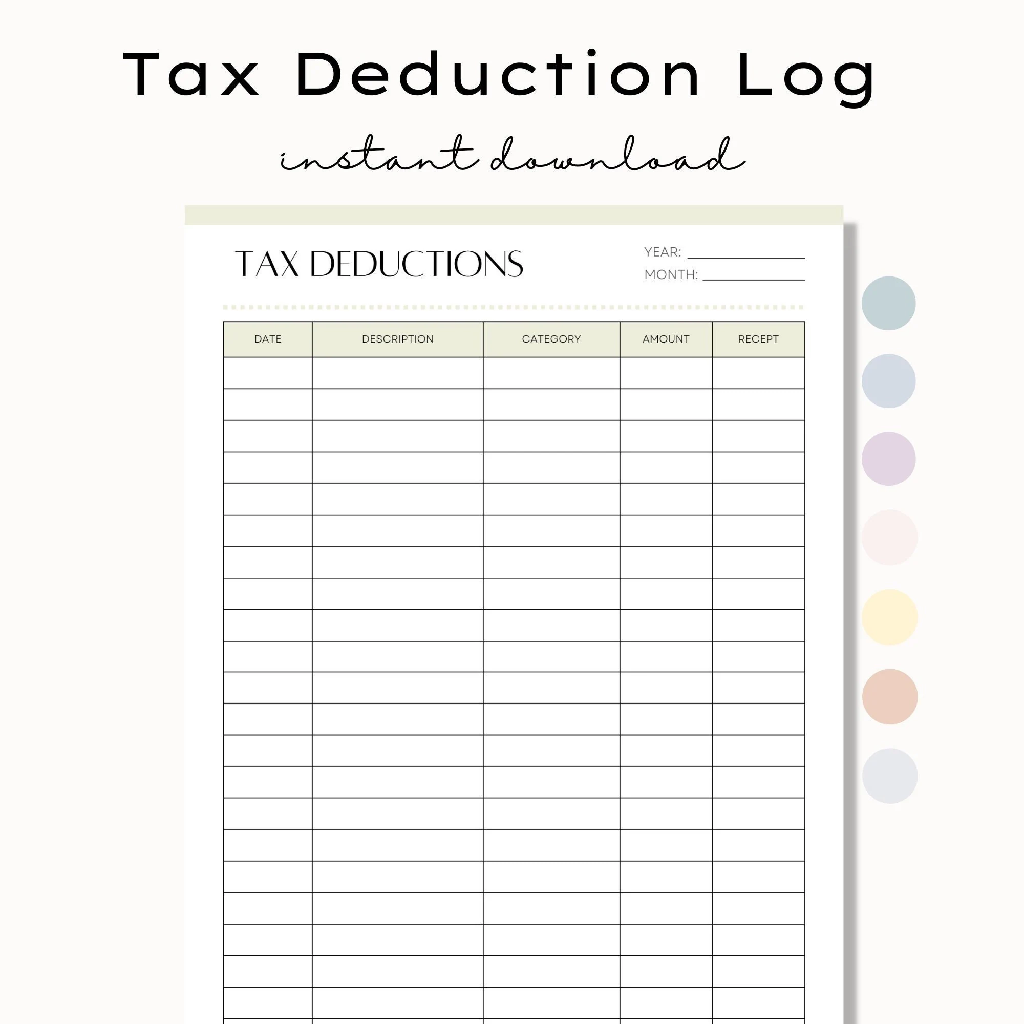 Printable Tax Deduction Tracker Tax Deduction Log Business Tax Log Online Sales Tax Form Financial Planner Instant Download PDF Etsy