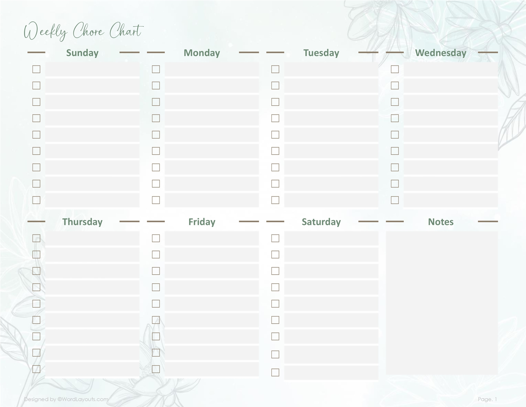 Printable Weekly Chore Chart Template WordLayouts