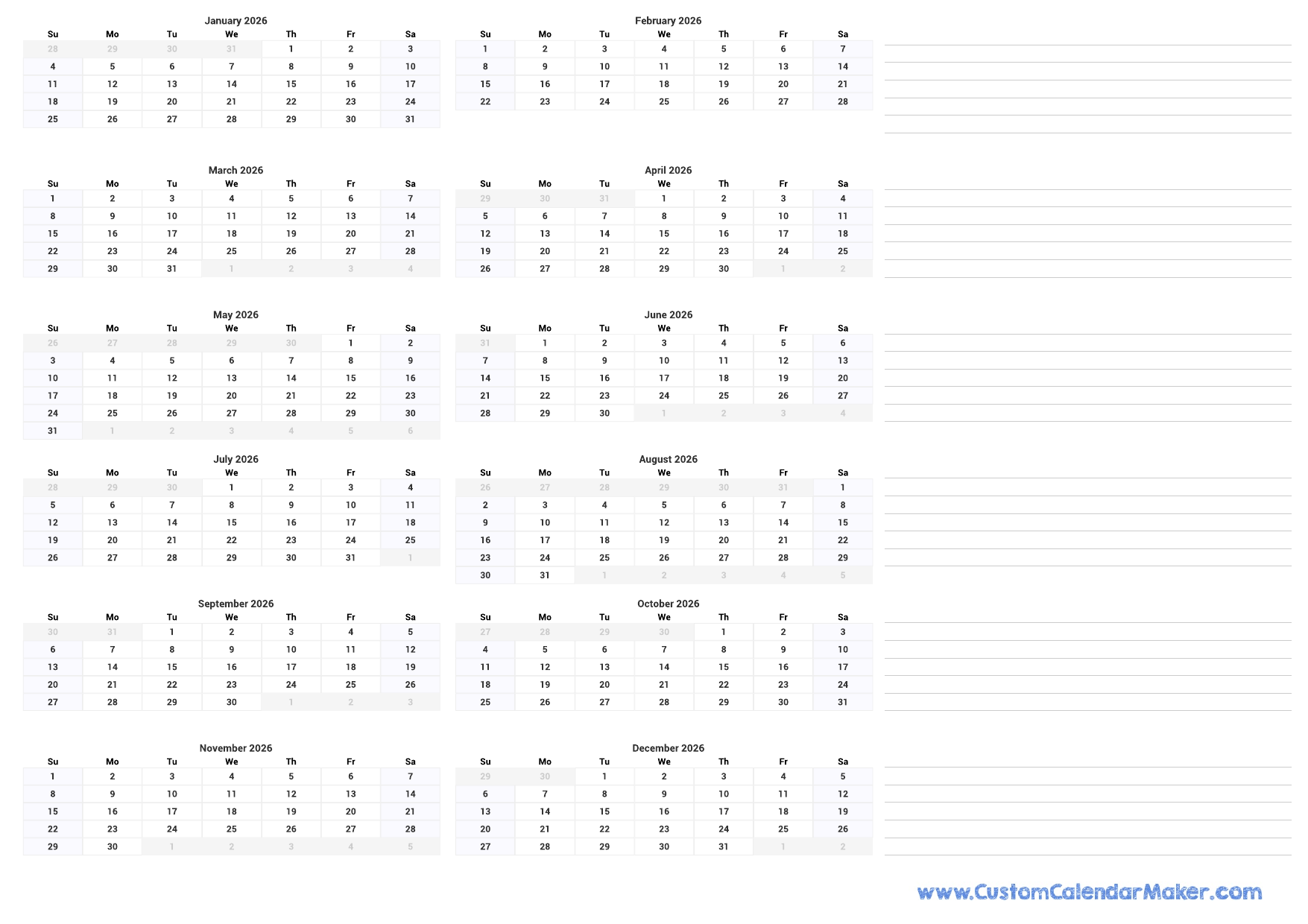 Monthly 2026 Calendar Printable Pdf
