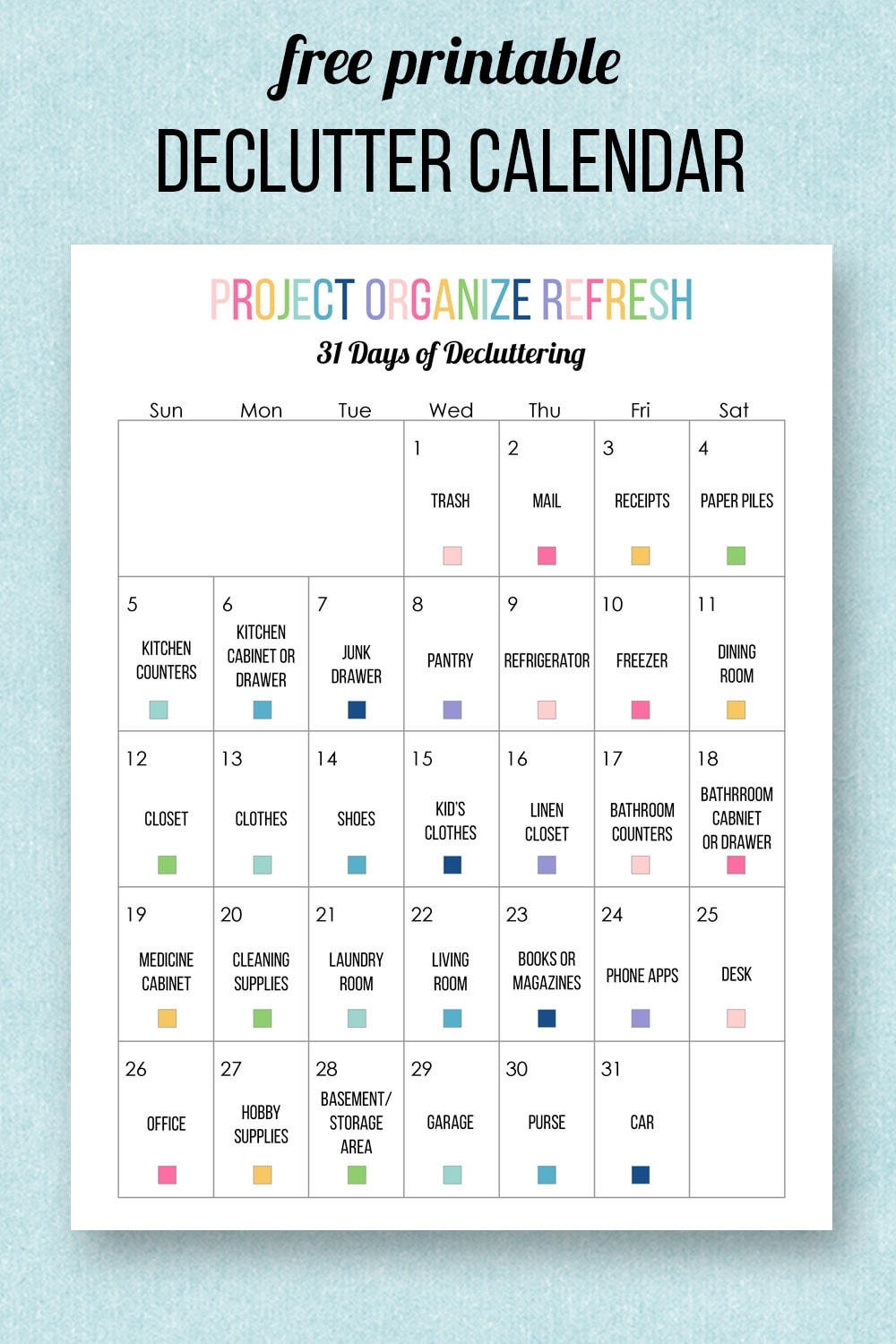 Free Printable Declutter Calendar