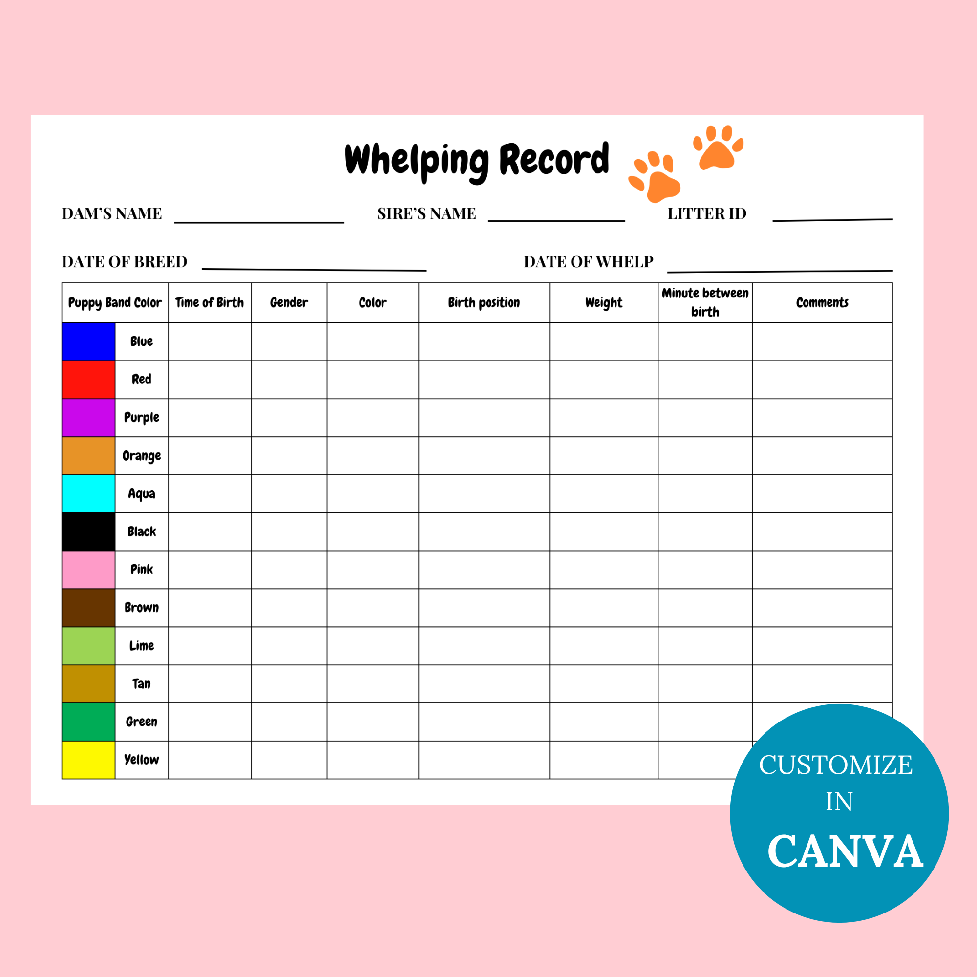 Puppy Whelping Chart PDF Printable Instant Download Puppy Whelping Chart PDF Printable Instant Download