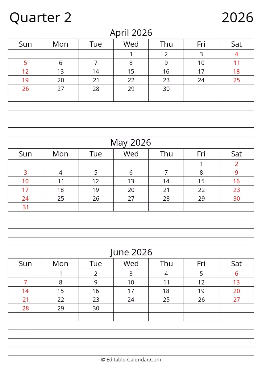 2026 Calendar Quarterly Printable