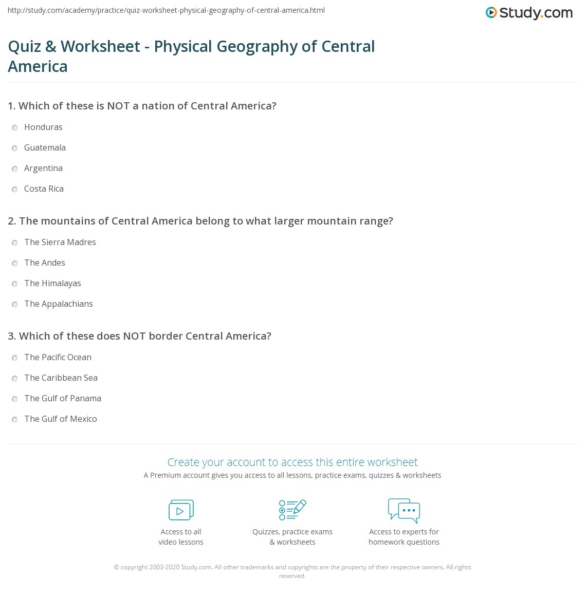 Quiz Worksheet Physical Geography Of Central America Study