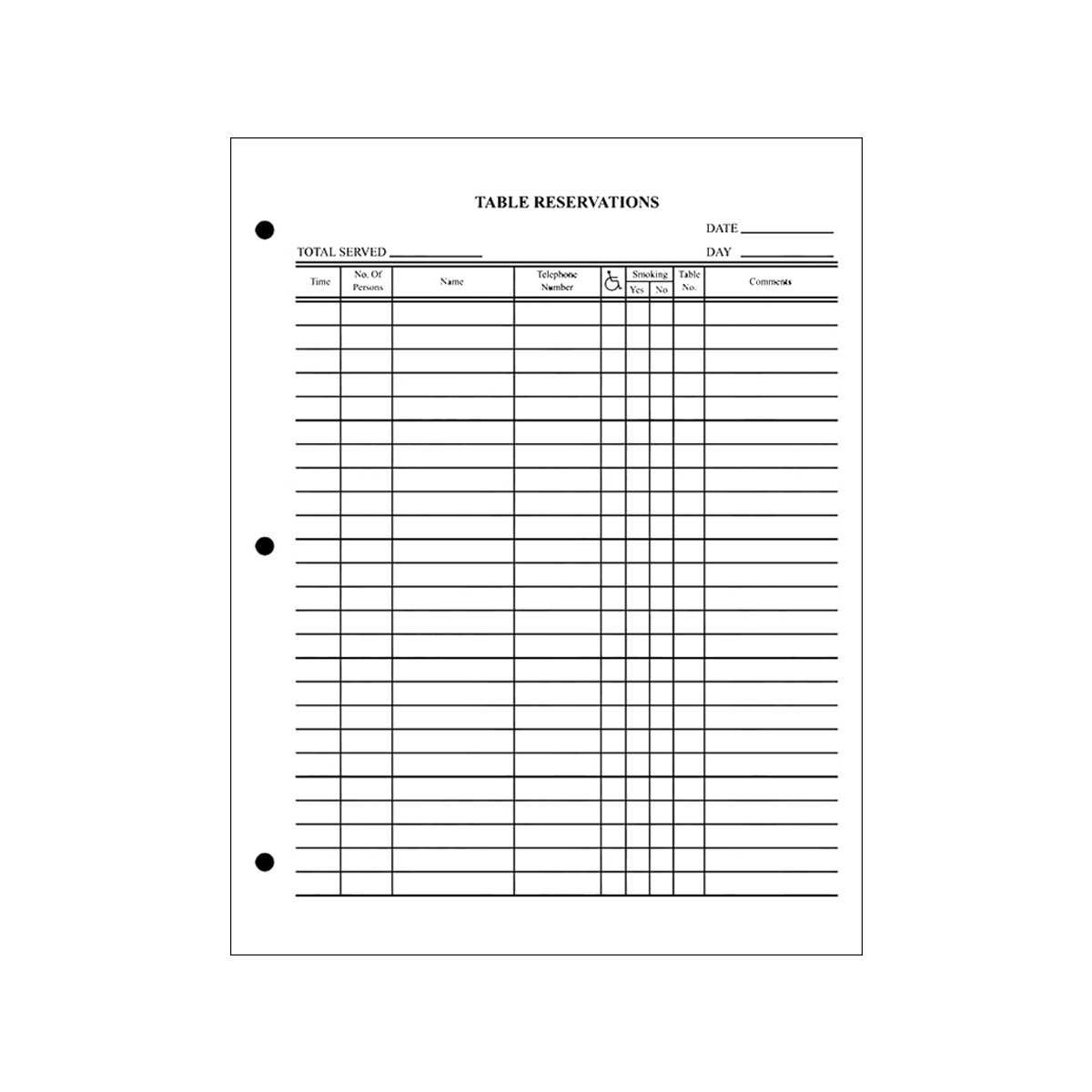 Reservation Book Sheets Reservation Book Sheets