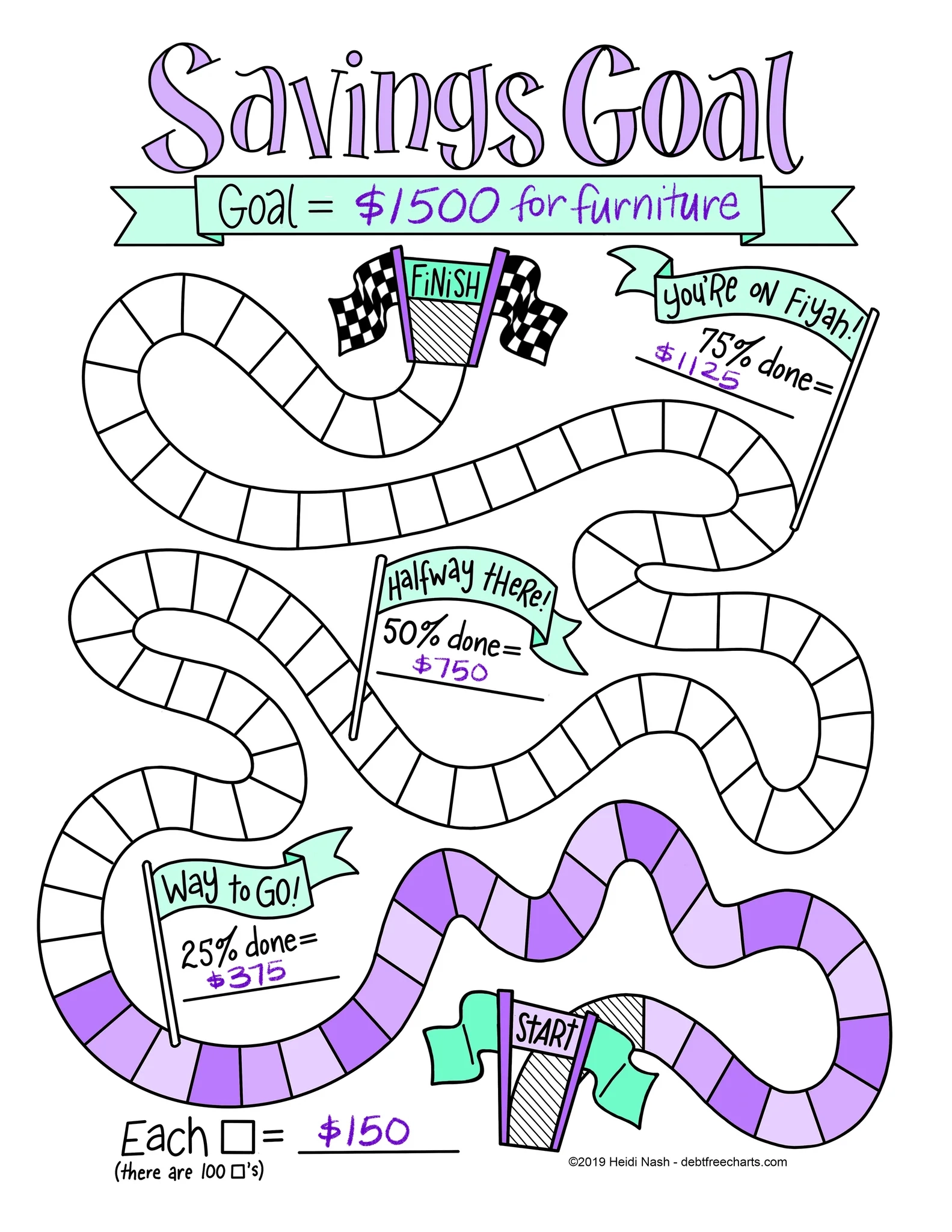 Savings Goal Game Tracking Chart Debt Free Charts