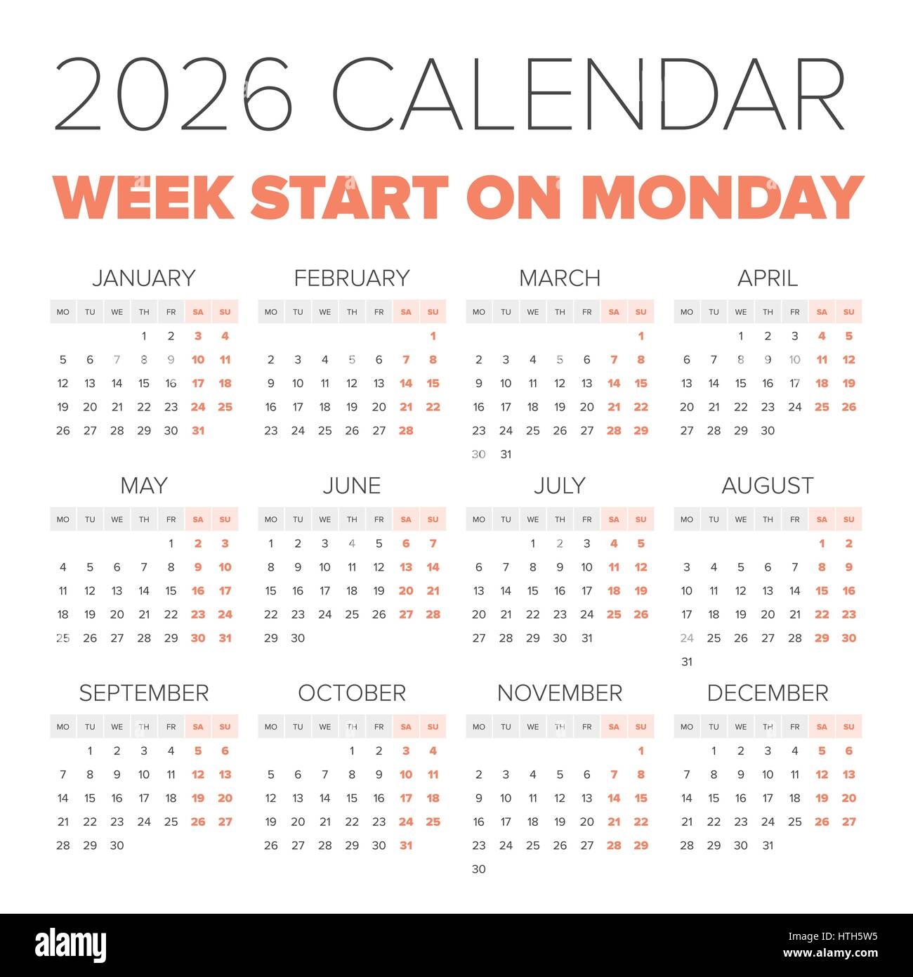 Simple 2026 Year Calendar Week Starts On Monday Stock Vector Image Art Alamy