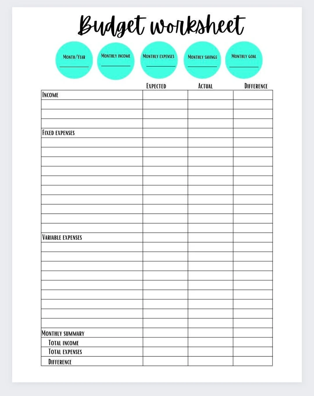 Printable Home Budget Worksheet