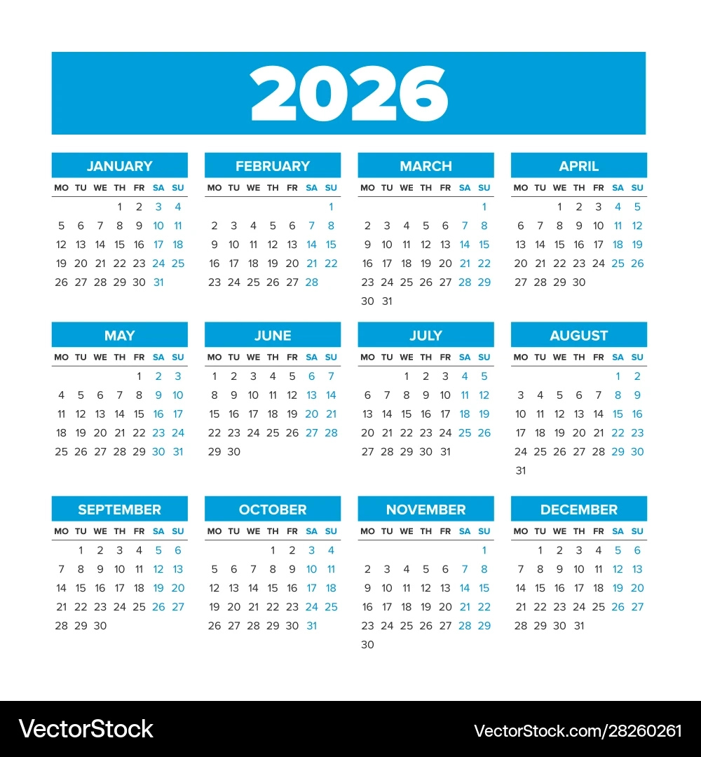 Simple Calendar 2026 Weeks Start On Monday Royalty Free Vector VectorStock
