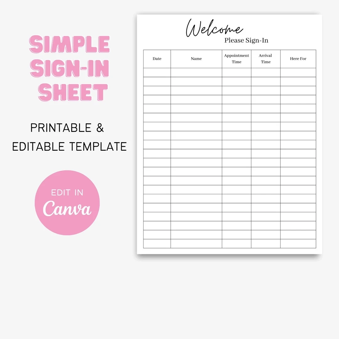Simple Sign in Sheet Template Printable Canva Salon Esthetician Beauty Business Lash Extensions Etsy