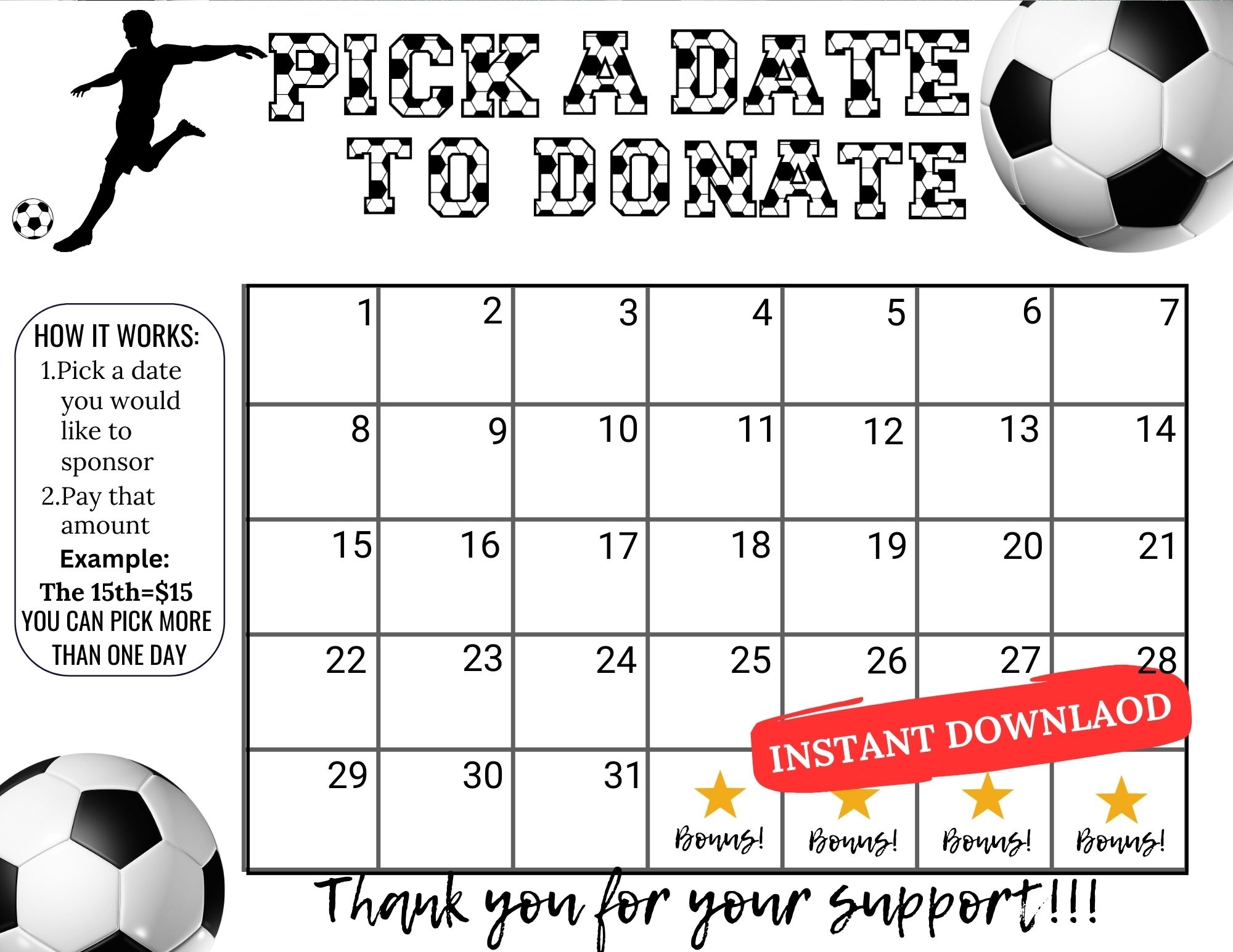 Soccer Pick A Date To Donate Calendar Fundraiser Instant Download 