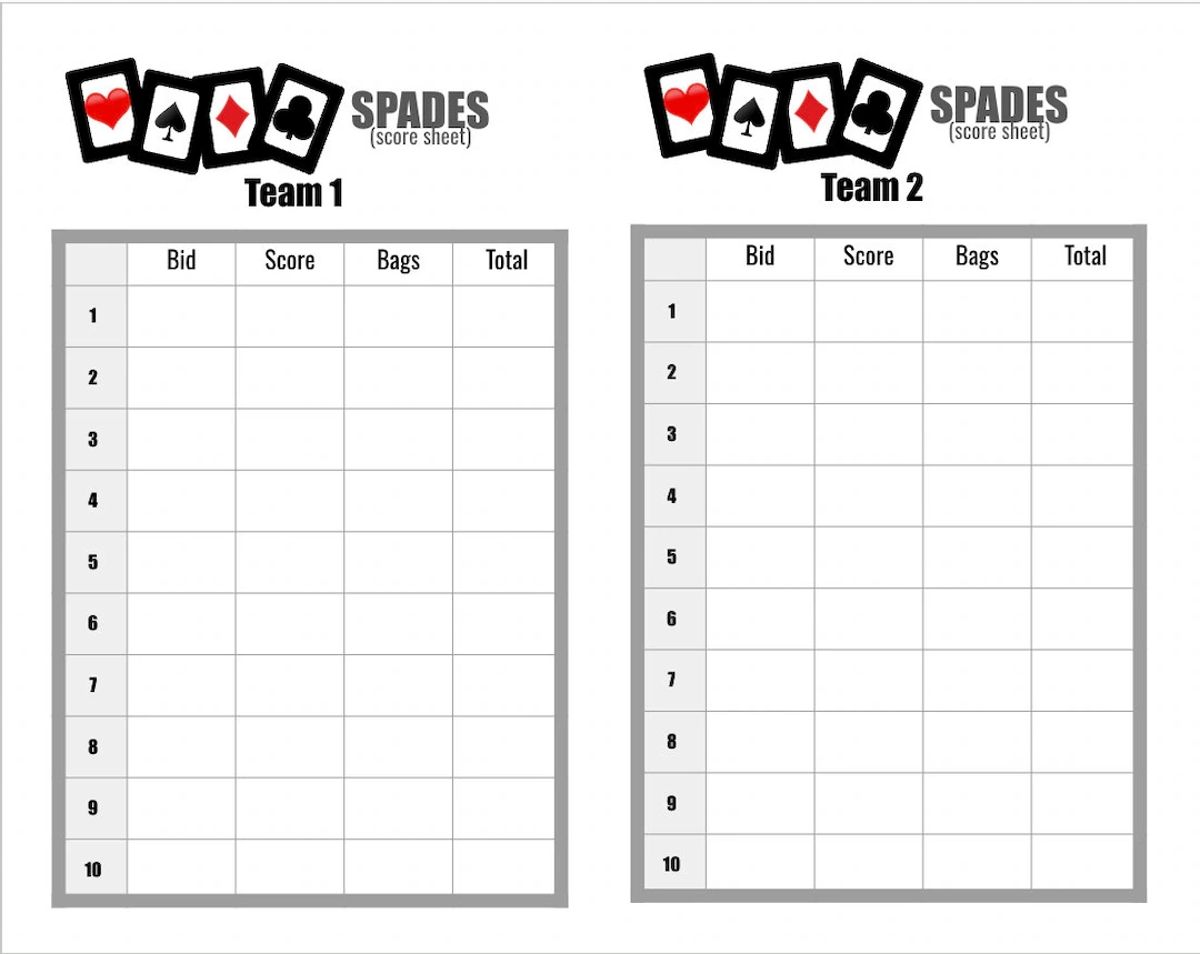 Free Printable Spades Score Sheet