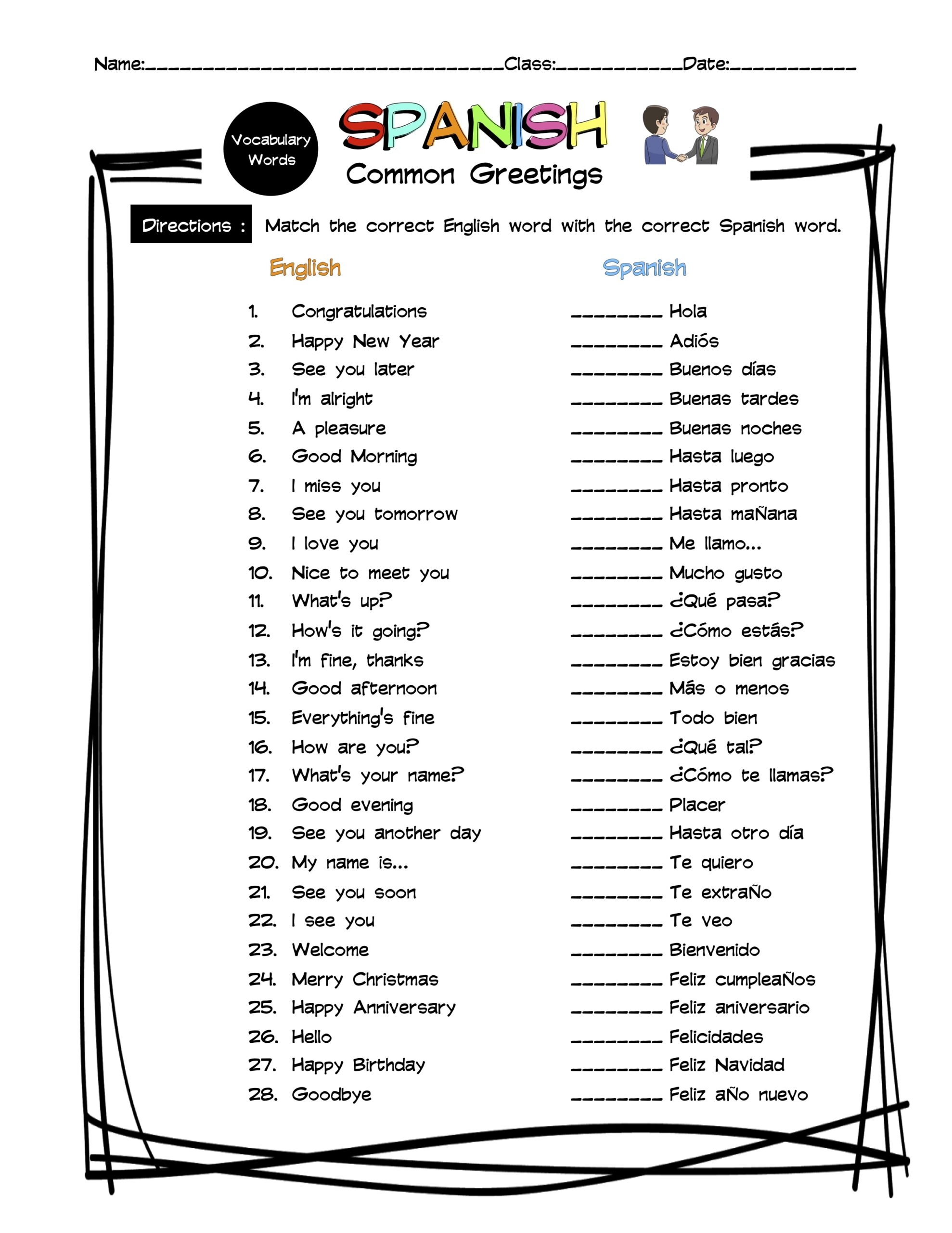 Beginner Spanish To English Worksheets Printables