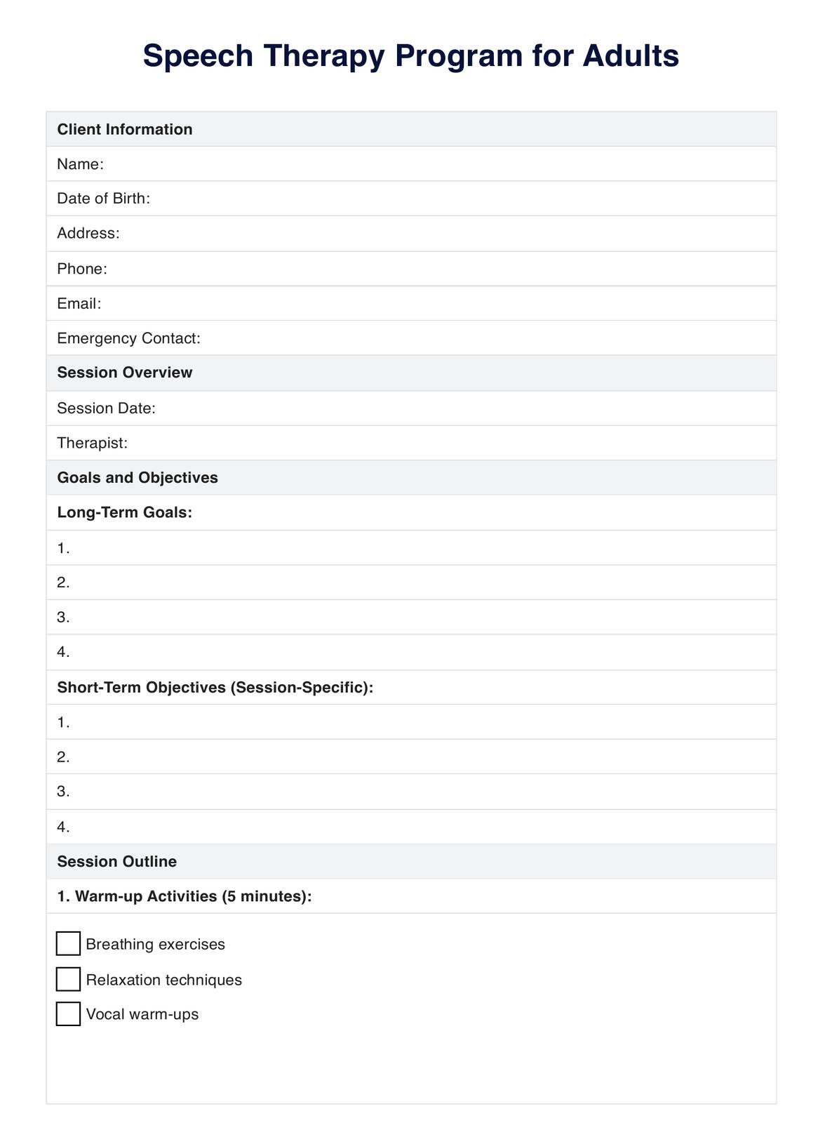 Speech Therapy For Adults PDF Example Free PDF Download