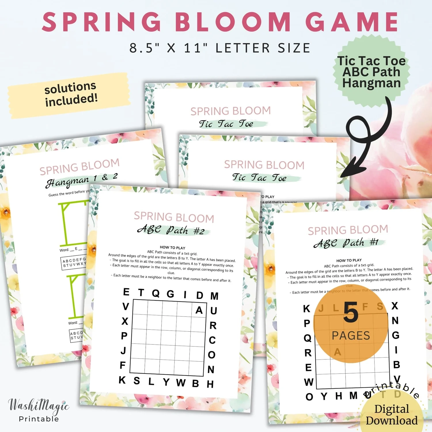Spring Bloom Game Printable Hangman ABC Path Tic Tac Toe Payhip