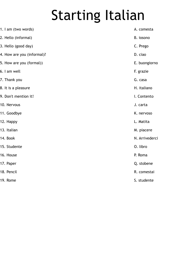 Starting Italian Worksheet WordMint Starting Italian Worksheet WordMint