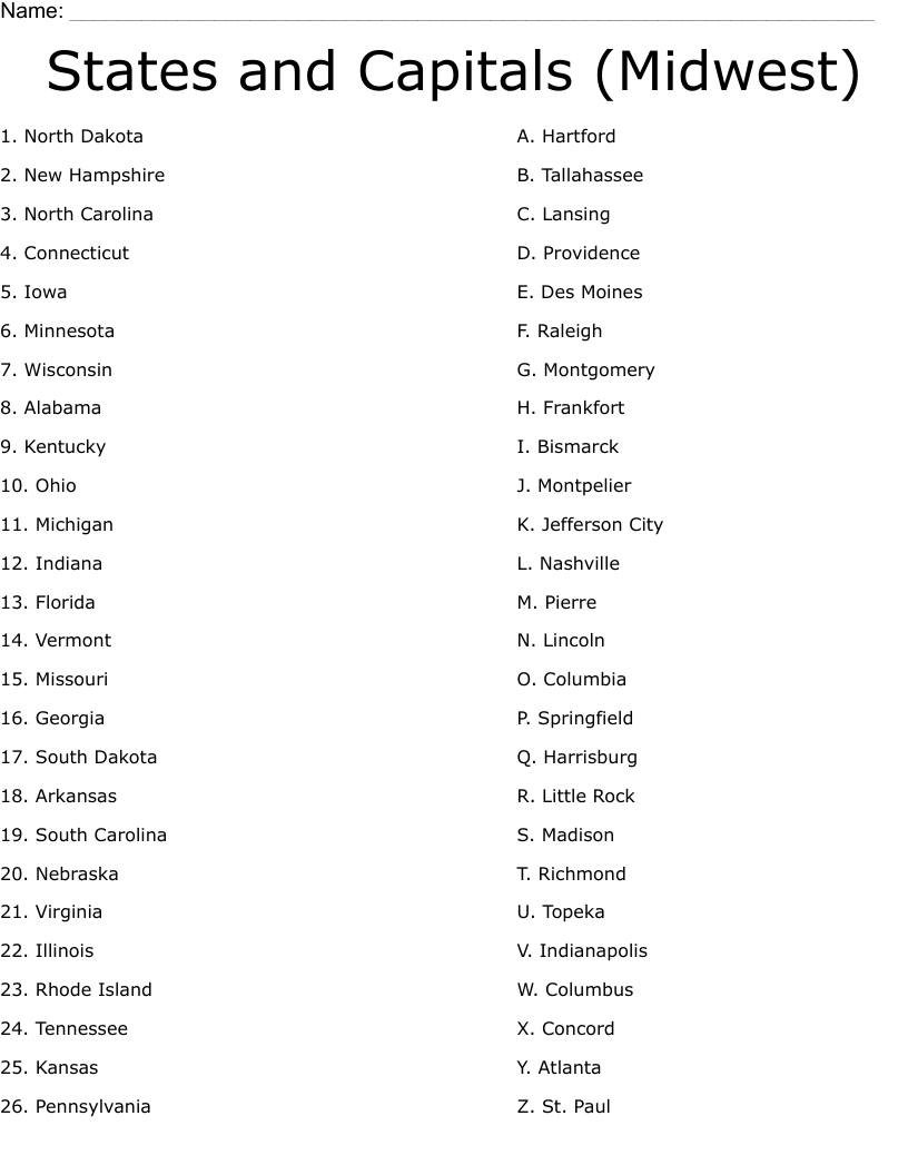 Printable Midwest States And Capitals Worksheet