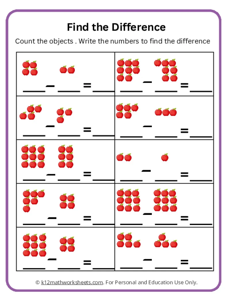 Free Printable Kindergarten Subtraction Worksheets