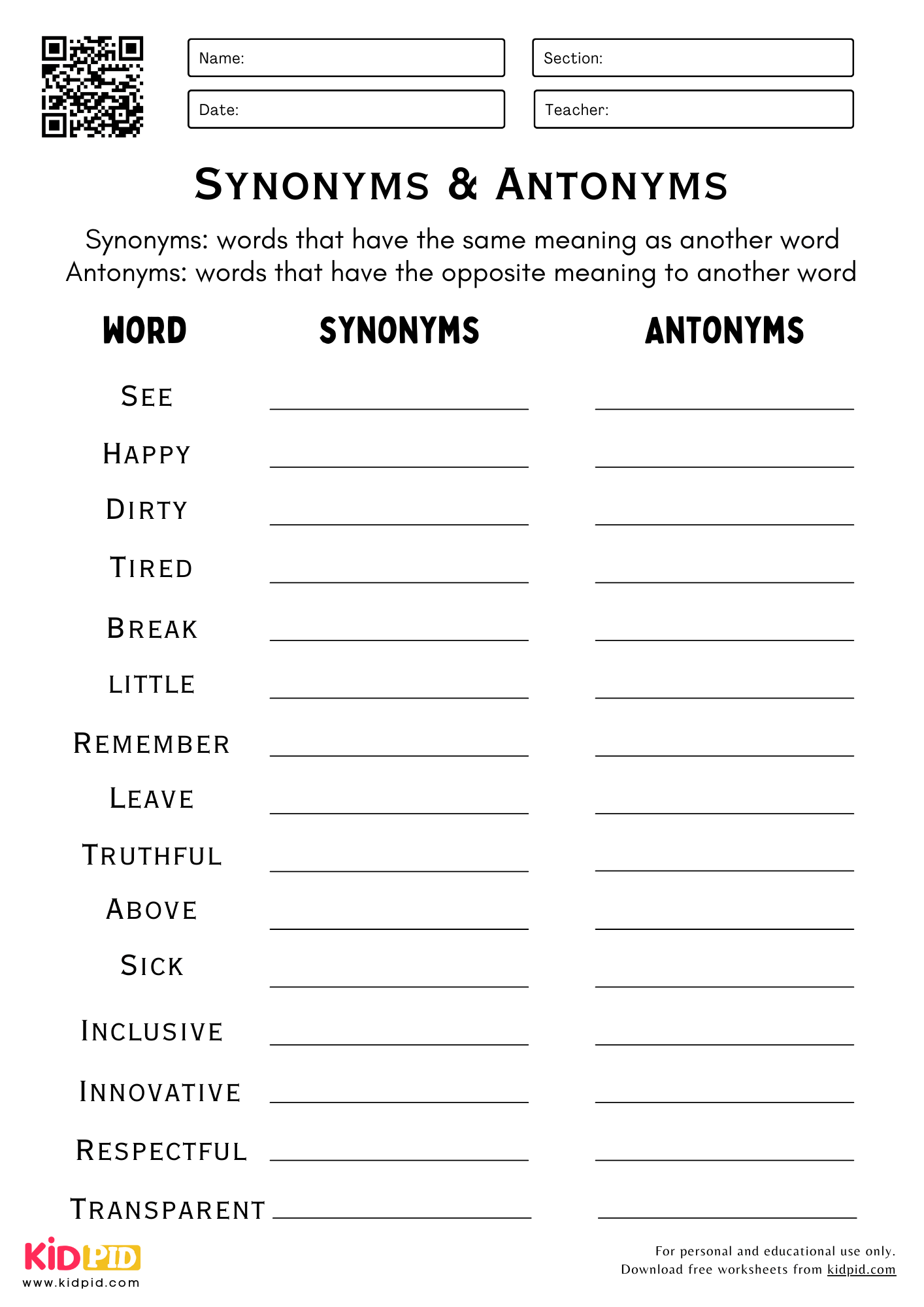 Synonym Antonym Writing Worksheets For Grade 5 Kidpid