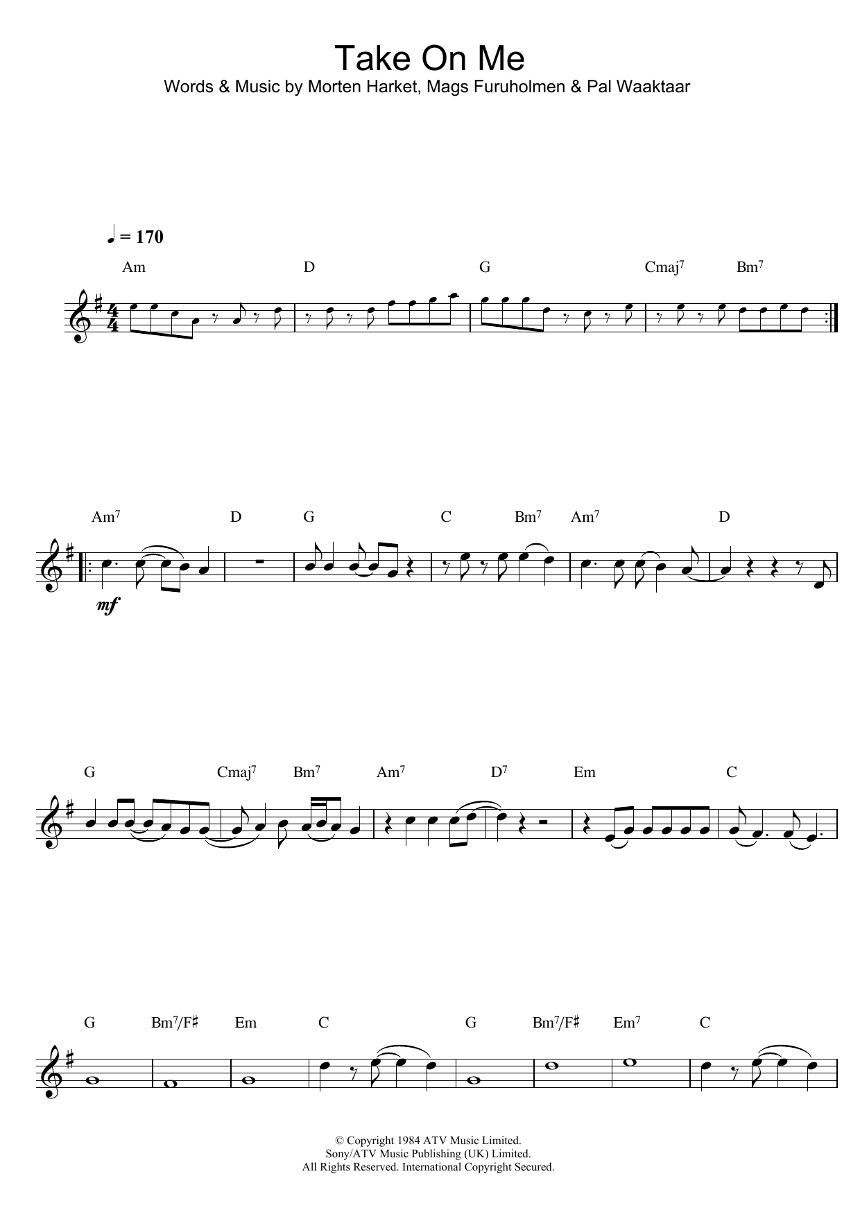 Take On Me By A ha Sheet Music For Alto Sax Solo At Sheet Music Direct