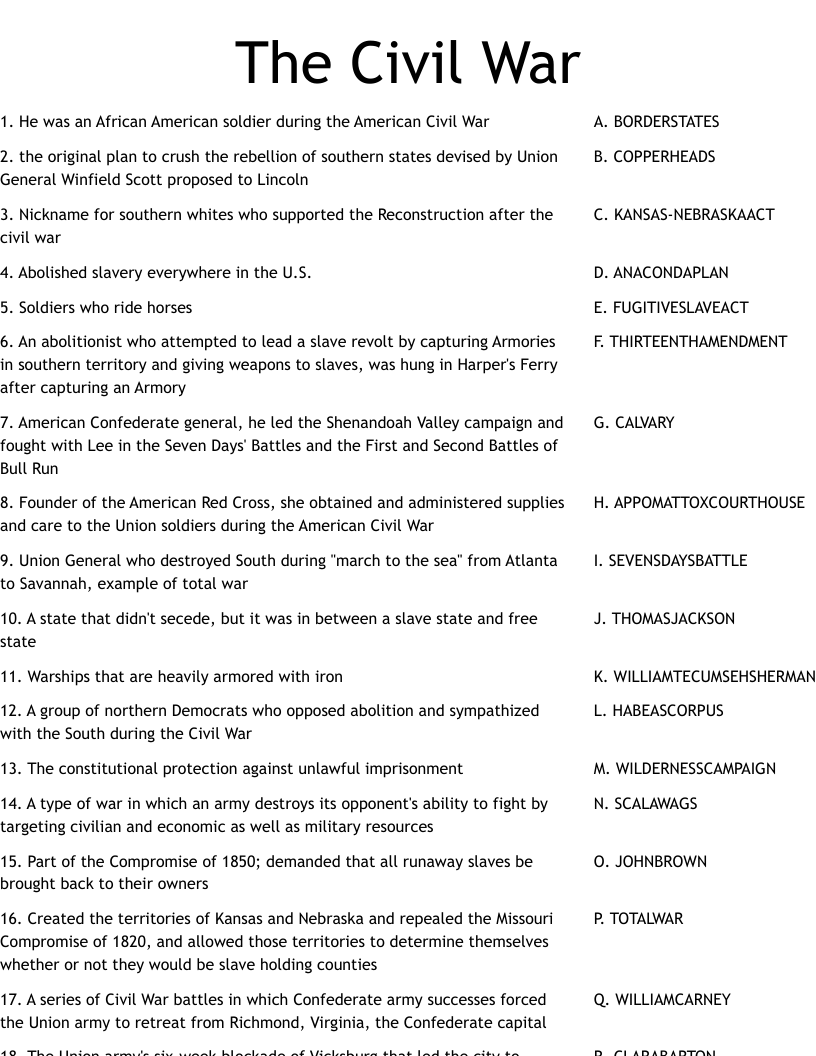 Free Printable Civil War Worksheets
