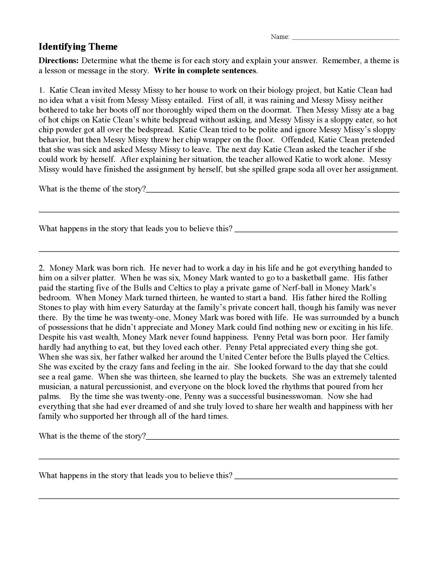 Printable Theme Worksheets Pdf
